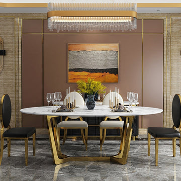 Oval Dining Table White Faux Marble Dining Table Modern 63" Dining Table with Gold Frame